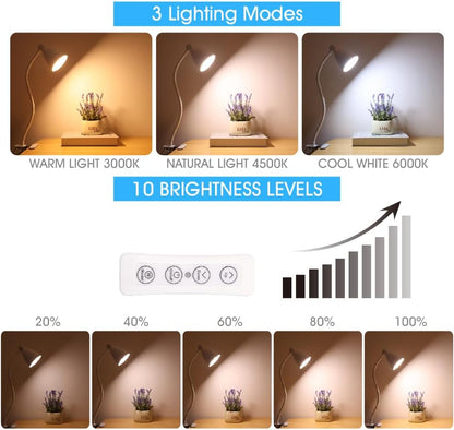 GlowVibe Desk Lamp 3 Color Modes 10 Brightness Dimmer Reading Light 10W 40 LED Clamp Lamp 360° Flexible Neck Clip on Light for Bedroom and Office Home Lighting, AC Adapter Include