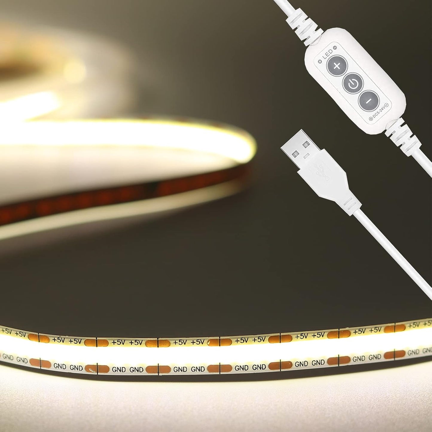 PAUTIX COB LED Strip Lights 5V USB Powered Dotless Super Bright Dimmable LED Lights 3000K Warm White 6.56ft TV Backlights,Flexible 3M Adhesive Under Cabinet Light for Bedroom,Kitchen,Shelf Lighting