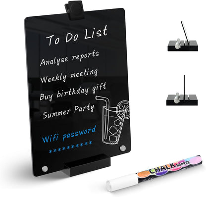 Acrylic Black Dry Erase Board with Stand - 8” x 6” Small Desktop Whiteboard with Marker, Reusable Desk Blackboard, to-Do List, Planner, Memo Clipboard, Menu Board for Office, Home, Bar