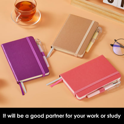 NIRMIRO 3 Pack Pocket Notebook Journals, Small Notepad Notebooks for Note Taking, A6 Mini Note pads with Pen Holder, 408 Lined Pages, 3.7" x 5.7", Black, Brown, Blue