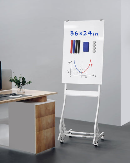 40 x 28 inch Mobile Magnetic Glass Whiteboard, Double-Sided Board with Felt Back and Storage for Office & Classroom, White