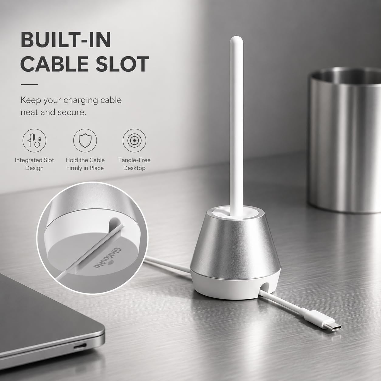 Aluminum Stylus Stand, 2-in-1 Desktop Pen Holder & Cable Organizer Compatible with Apple Pencil 1st/2nd Gen, Anti-Slip Silicone Base Desk Accessory (Black)