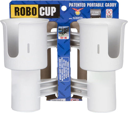 ROBOCUP, (White), Patented Clamp On Boat Cup Holder |Multifunction Dual Drink Caddy for Fishing Poles, Tools, Net, Gaff |Portable Storage for Boating, Beach, Umbrellas, Golf Carts, Strollers