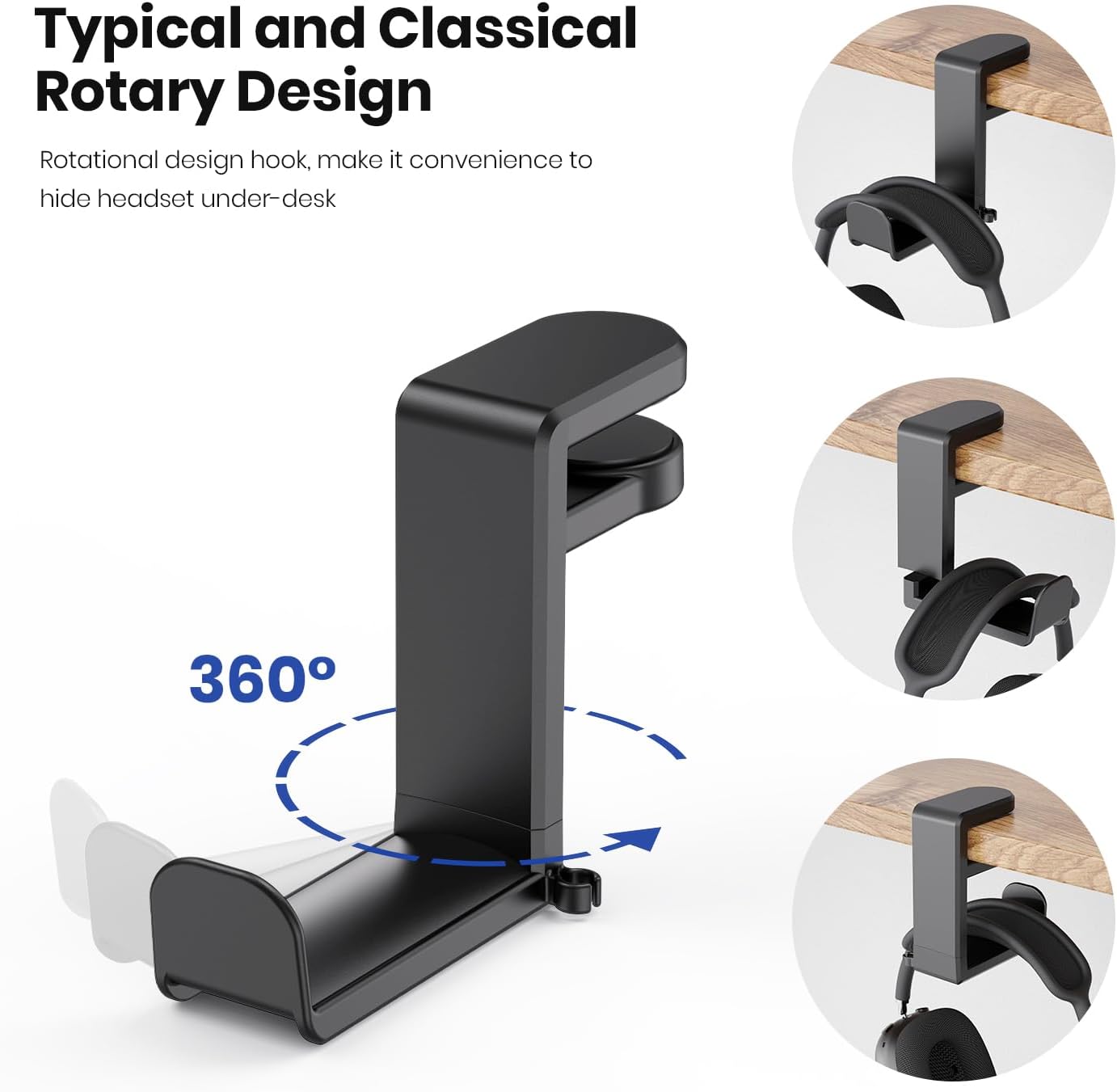 3in1 Rotating Headphone Holder - EURPMASK 3in1 PC Gaming Headset Holder w/Detachable Controller Holder, Adjustable Clamp-on Headset Stand,Headphone Hanger Hook Under Desk w/Cable Clip Organizer,Black