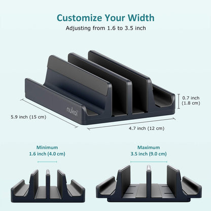 Vertical Laptop Stand - SPACEMax Adjustable GRIPLock Anti-Tip Silicone 4 Slots Aluminum Desktop Holder - Double Dock Stand - 2 Phone Slots Fits Up to 17.3” Laptops, Tablets, Phones - Silver