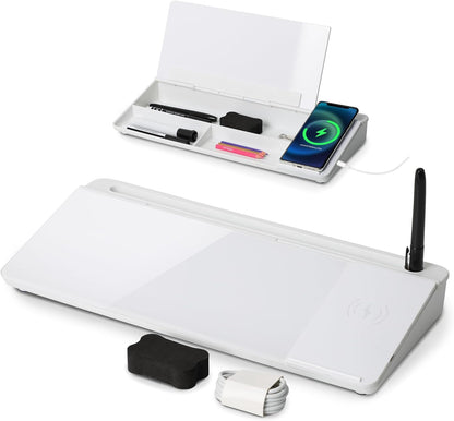 SHANTRA 16'' x 7'' Desktop Whiteboard with Fast Charger Station & Adjustable LED Lamp, Pink Desk Dry Erase Board with Organizer, Computer Pad & Keyboard Stand for Home, School, Office Desk Accessories
