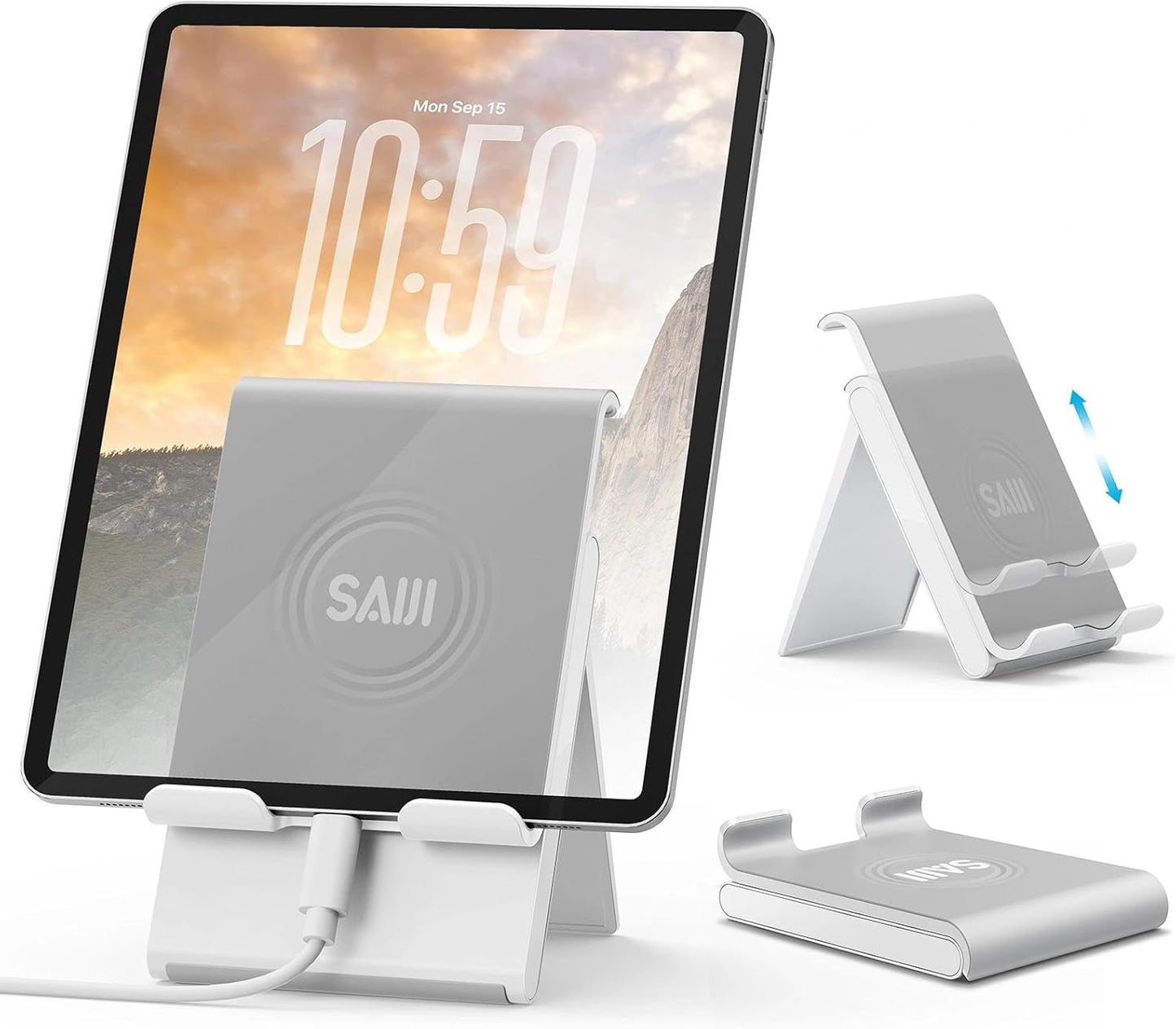 SAIJI Adjustable Tablet Stand Holder Portable Foldable Desktop Stand Dock Compatible for iPad, iPhone, Nintendo Switch, Samsung Galaxy and Kindle Fire Tablets – Gray