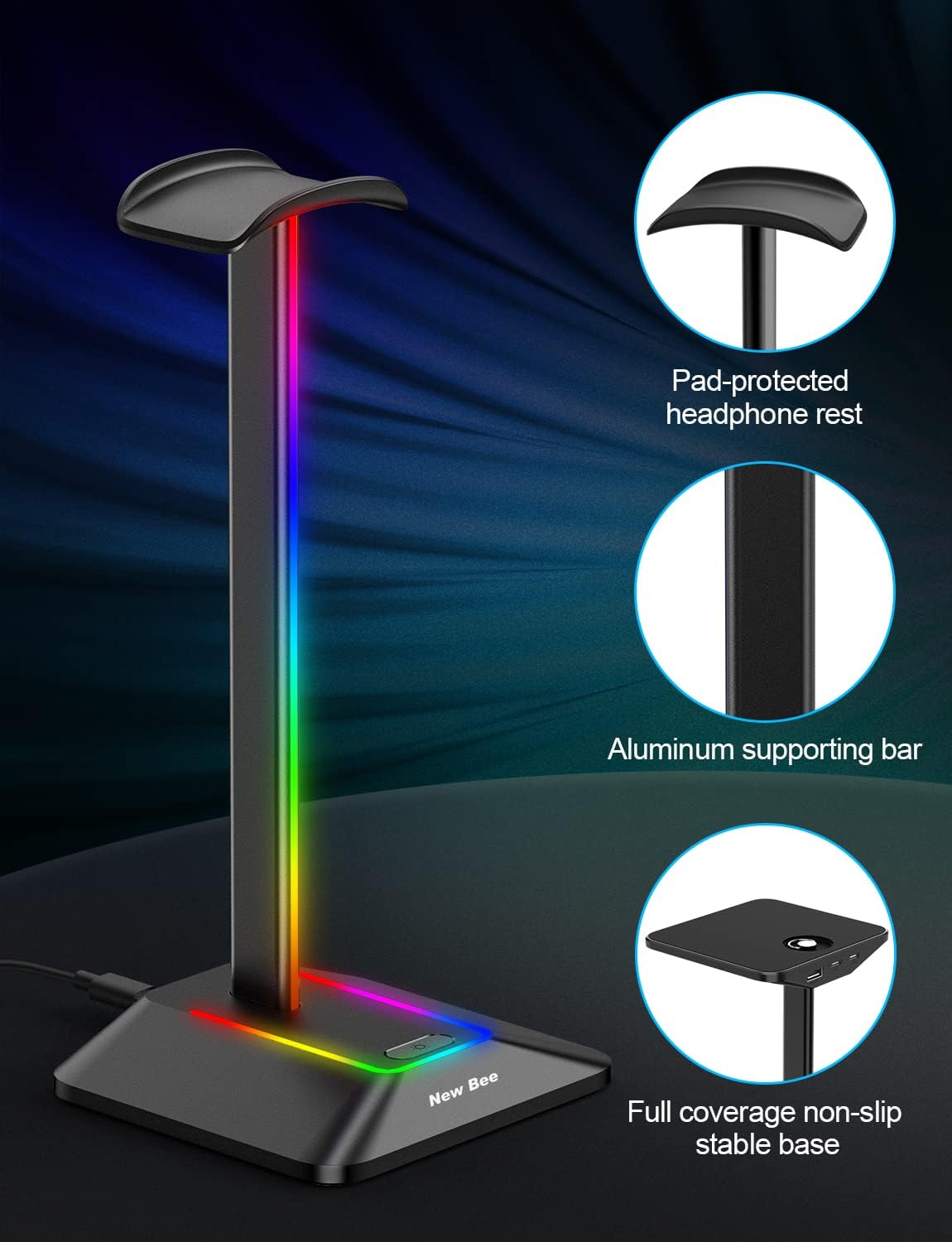 New Bee Headphone Stand with RGB Lighting, Sturdy Aluminum Gaming Headset Holder with USB-C & USB Charging Ports, Stable Desktop Earphone Stand for All Headphones Size, Black