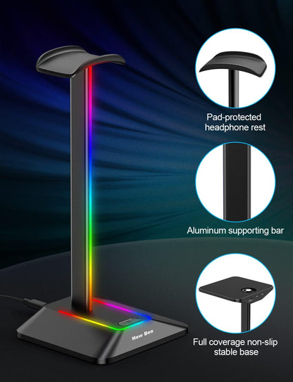 New Bee Headphone Stand with RGB Lighting, Sturdy Aluminum Gaming Headset Holder with USB-C & USB Charging Ports, Stable Desktop Earphone Stand for All Headphones Size, Black
