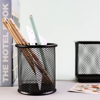 Ameceres 4 Packs Wire Mesh Pencil Holder Metal Pen Cup Desk Pen Organizer Case Pencil Jar Black for Office Home (Black)