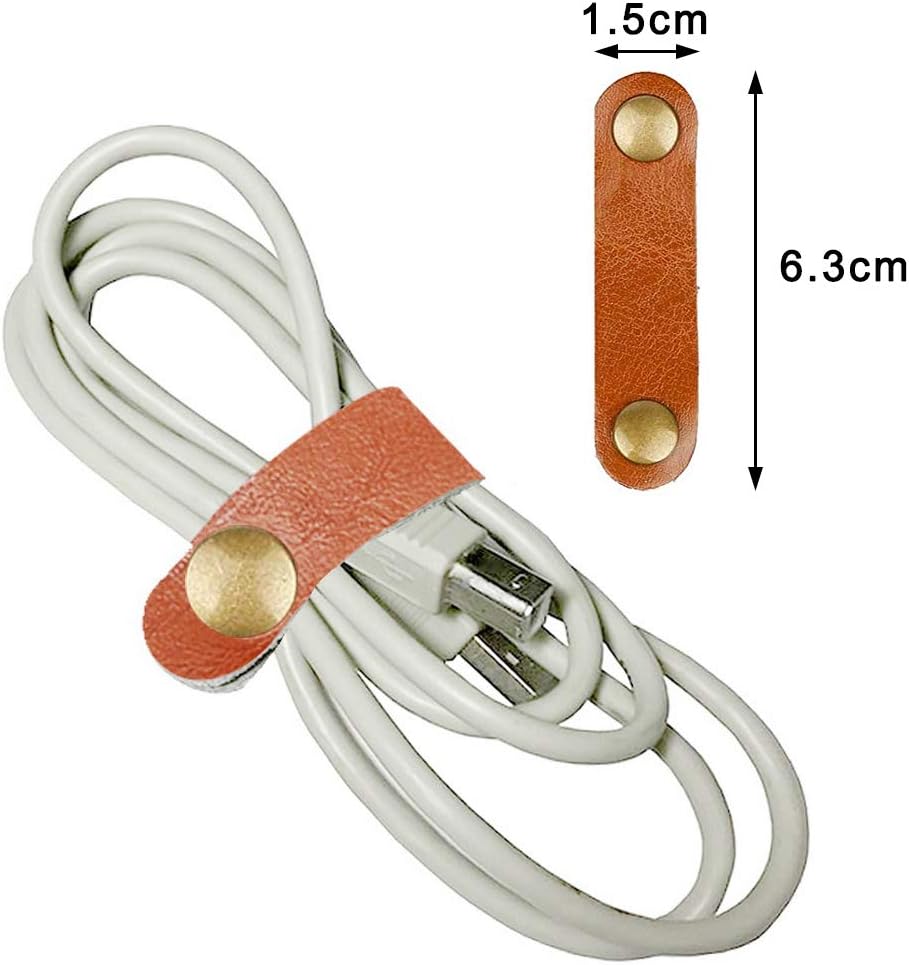 10 Pcs Cord Organizer, Portable Leather Cable Cord Stocking Stuffers for Men USB Straps Earphone Winder with Leather Handmade (Brown/white)