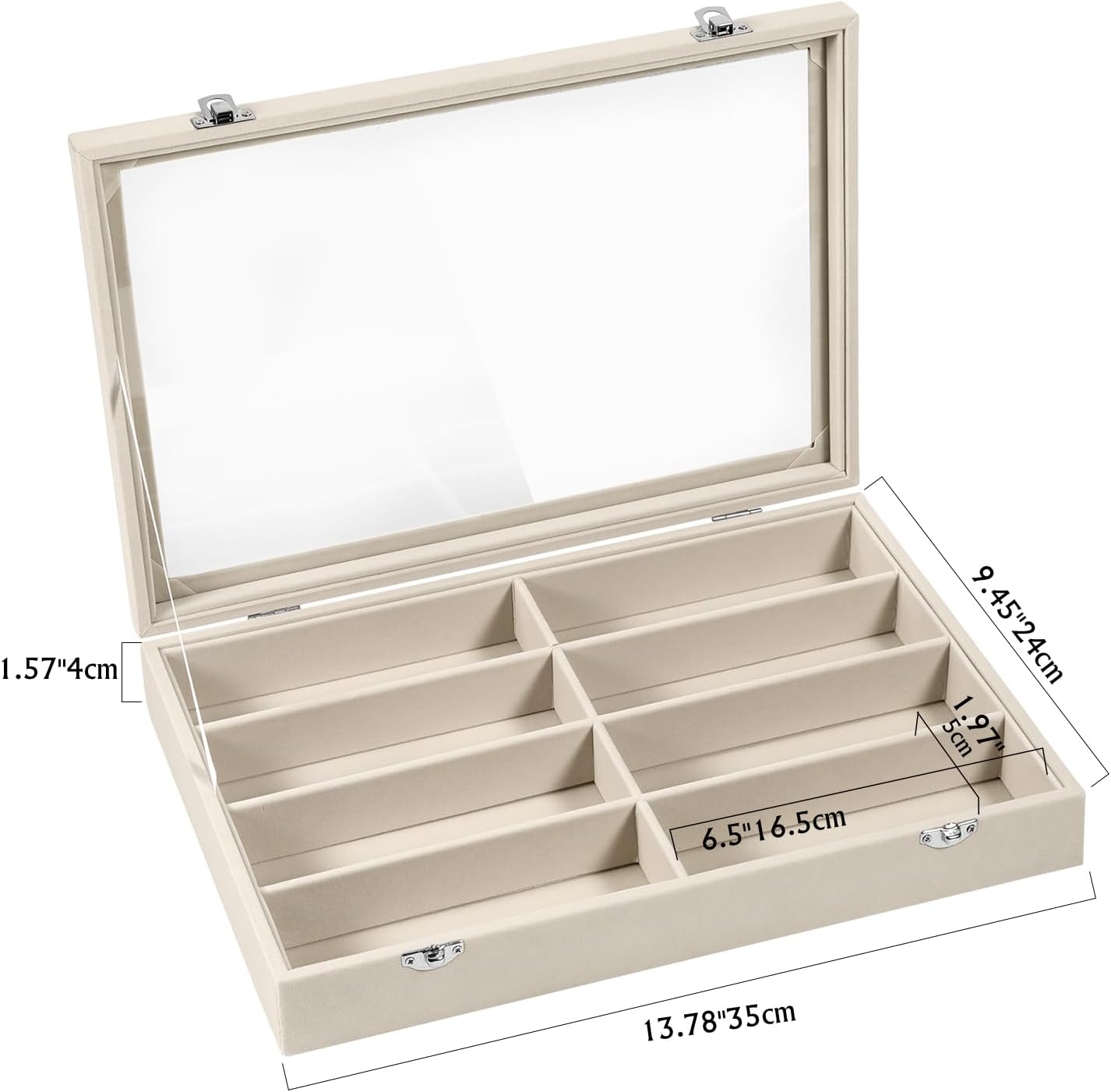 Emibele Glasses Organizer Jewelry Tray, 8 Grids with Clear Lid Velvet Tray Watch Storage Stackable Jewelry Showcase Display Storage with Detachable Inner Dividers, Beige