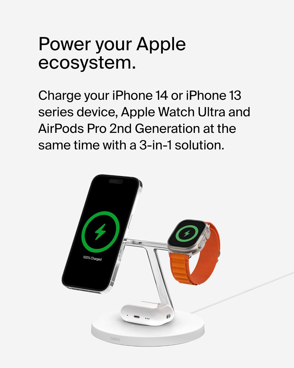 Belkin MagSafe-Compatible iPhone Charger, 3-in-1 Wireless Charging Station, Qi2-Certified 15W Wireless Charge for Apple iPhone 17 Series, Apple Watch, AirPods w/Non-Slip Base, 40W Included - Black
