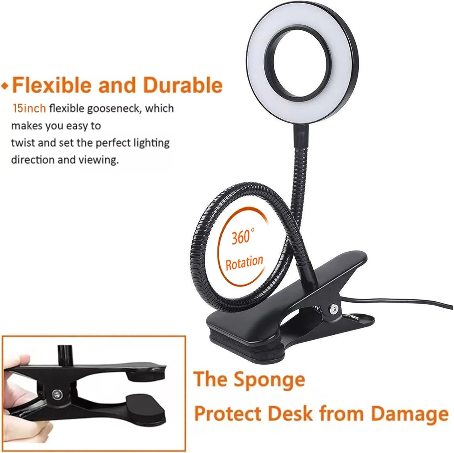 Brokimis Clip on Light LED Reading Book Study Lamp 3 Color Modes 10 Brightness Eye Protection 360° Flexible Gooseneck Student Dormitory Office Desk Lamp at Night in Bed