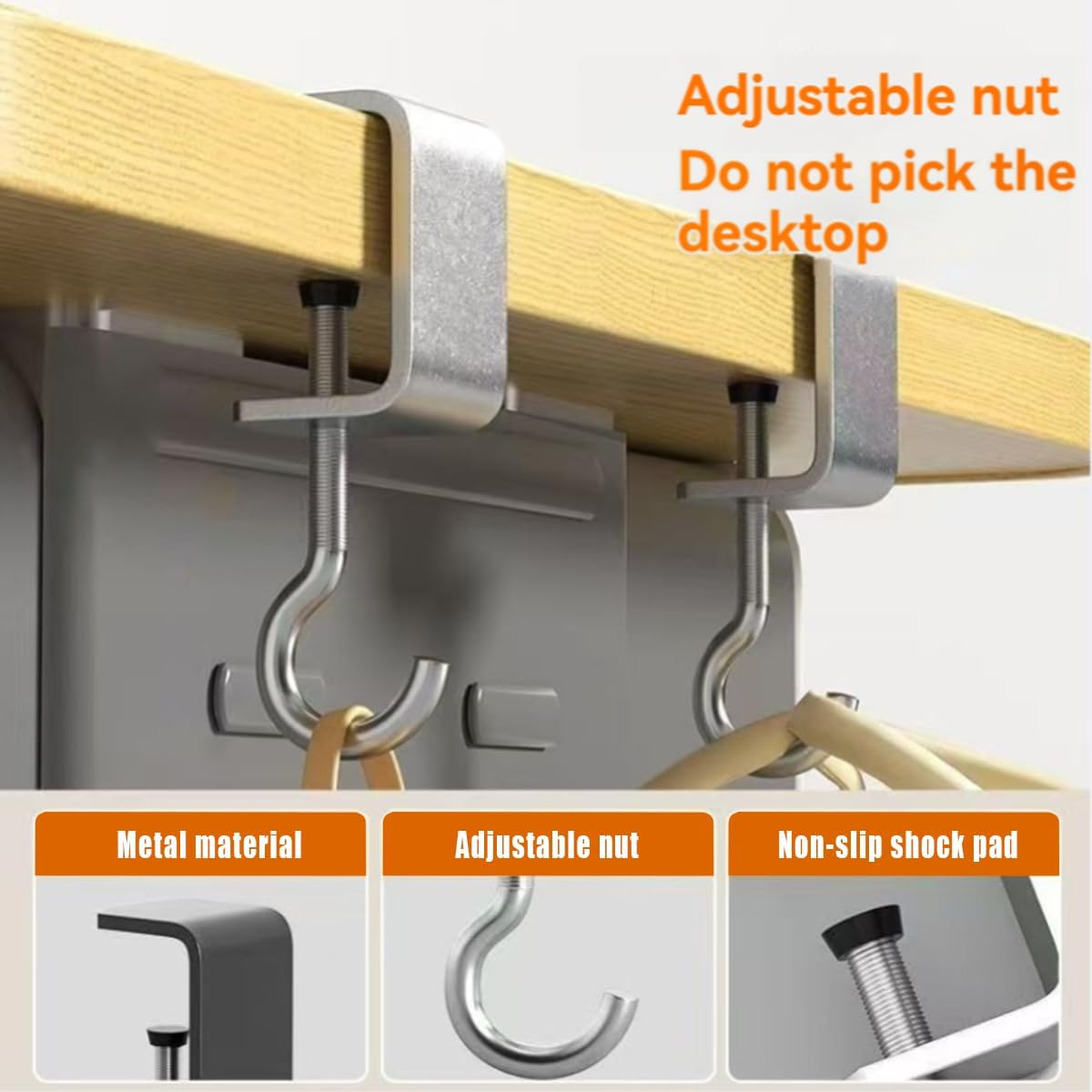 4 PCS Adjustable Under Desk Hook, Heavy Duty Metal Bag Holder with Silicone Pads for Desk, Table, Shelf. Perfect Purse Hanger, School Bag Hook for Organization in Home, Office, Kitchen