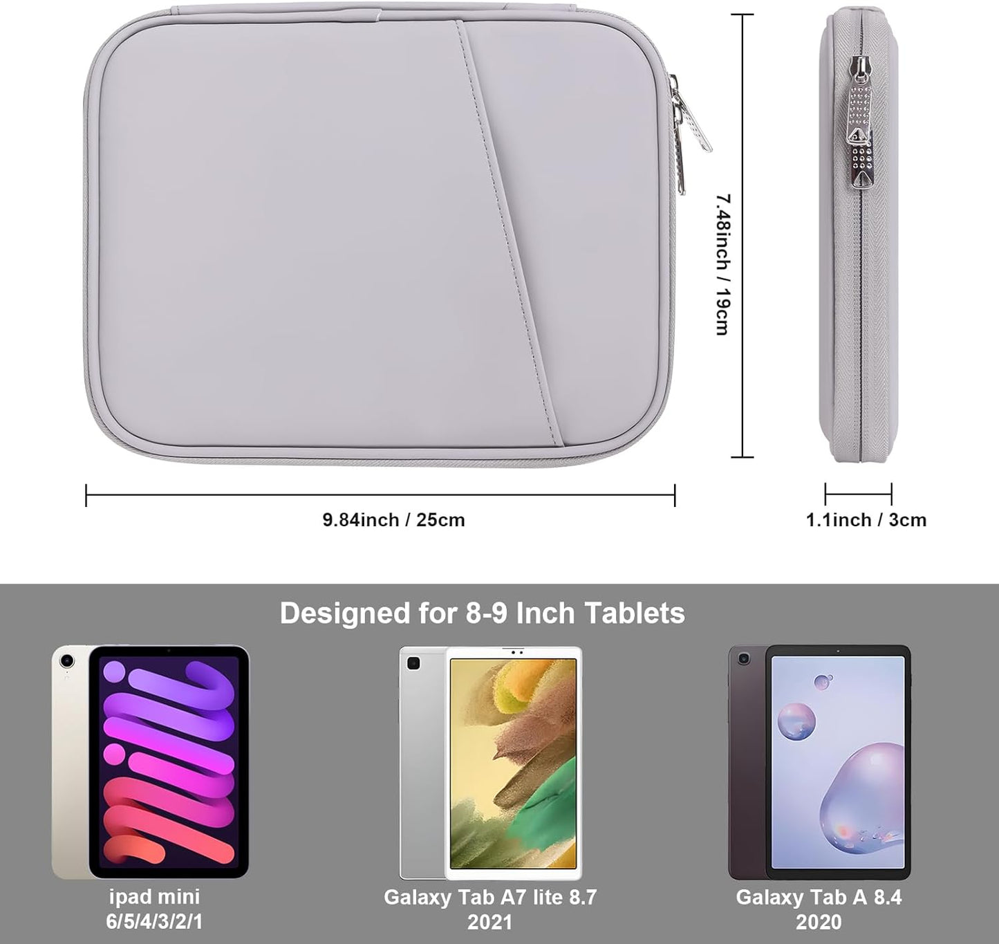 8-9 Inch Tablet Sleeve Bag, Padded Travel Pouch for Galaxy Tab A9 8.7/Tab A 8.4/Fire HD 8, Portfolio Style with Mesh Pocket and Compartments for Accessories (PU-Gray9)