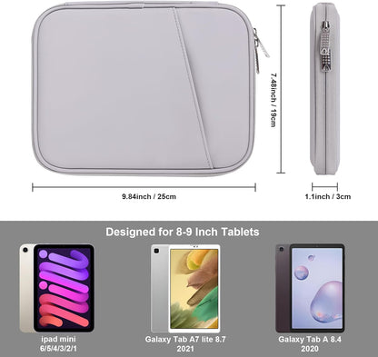 8-9 Inch Tablet Sleeve Bag, Padded Travel Pouch for Galaxy Tab A9 8.7/Tab A 8.4/Fire HD 8, Portfolio Style with Mesh Pocket and Compartments for Accessories (PU-Gray9)
