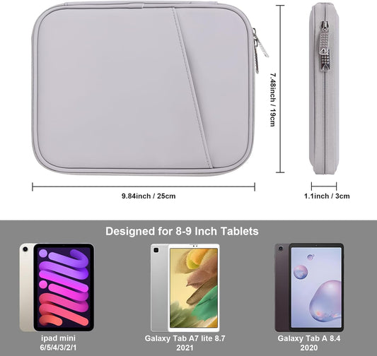 8-9 Inch Tablet Sleeve Bag, Padded Travel Pouch for Galaxy Tab A9 8.7/Tab A 8.4/Fire HD 8, Portfolio Style with Mesh Pocket and Compartments for Accessories (PU-Gray9)