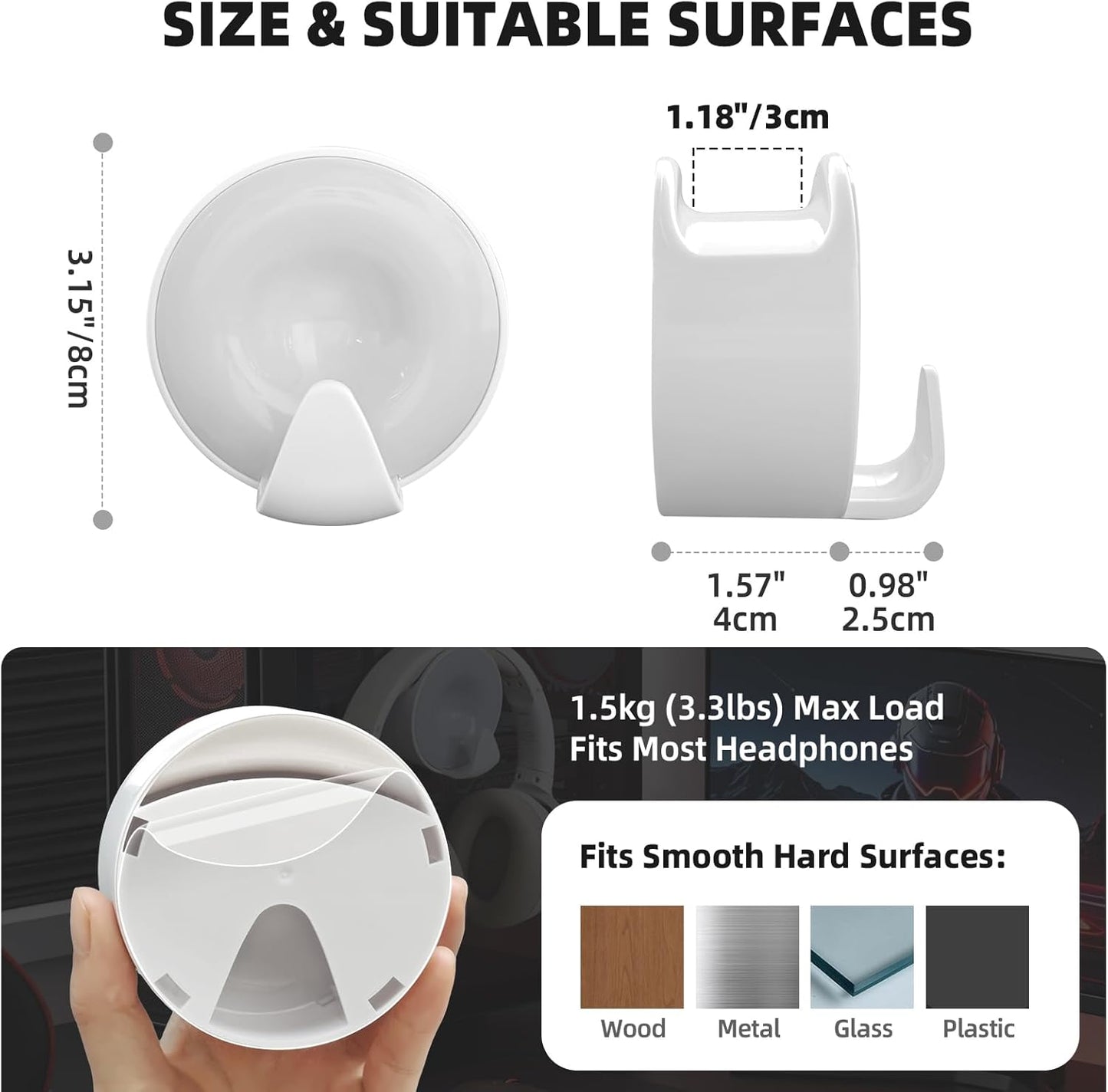 Headphone Holder Wall Mounted, Under Desk Adhesive Headphone Hook, White Gaming Headset Stand Hanger for Desk with Cable Hook, Fits Slim On-Ear & Over-Ear Headphones| Headband Width Up to 30mm