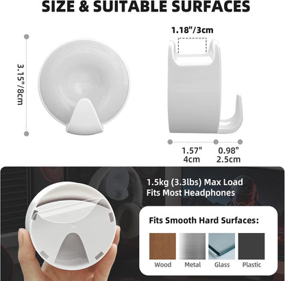 Headphone Holder Wall Mounted, Under Desk Adhesive Headphone Hook, White Gaming Headset Stand Hanger for Desk with Cable Hook, Fits Slim On-Ear & Over-Ear Headphones| Headband Width Up to 30mm