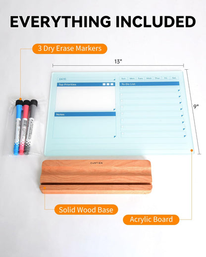 Acrylic Dry Erase to-Do List Board with Solid Wood Base, 9x13 Desktop Whiteboard Planner, Task Organizer for Office/Home/School, Includes 3 Dry Erase Markers (White)