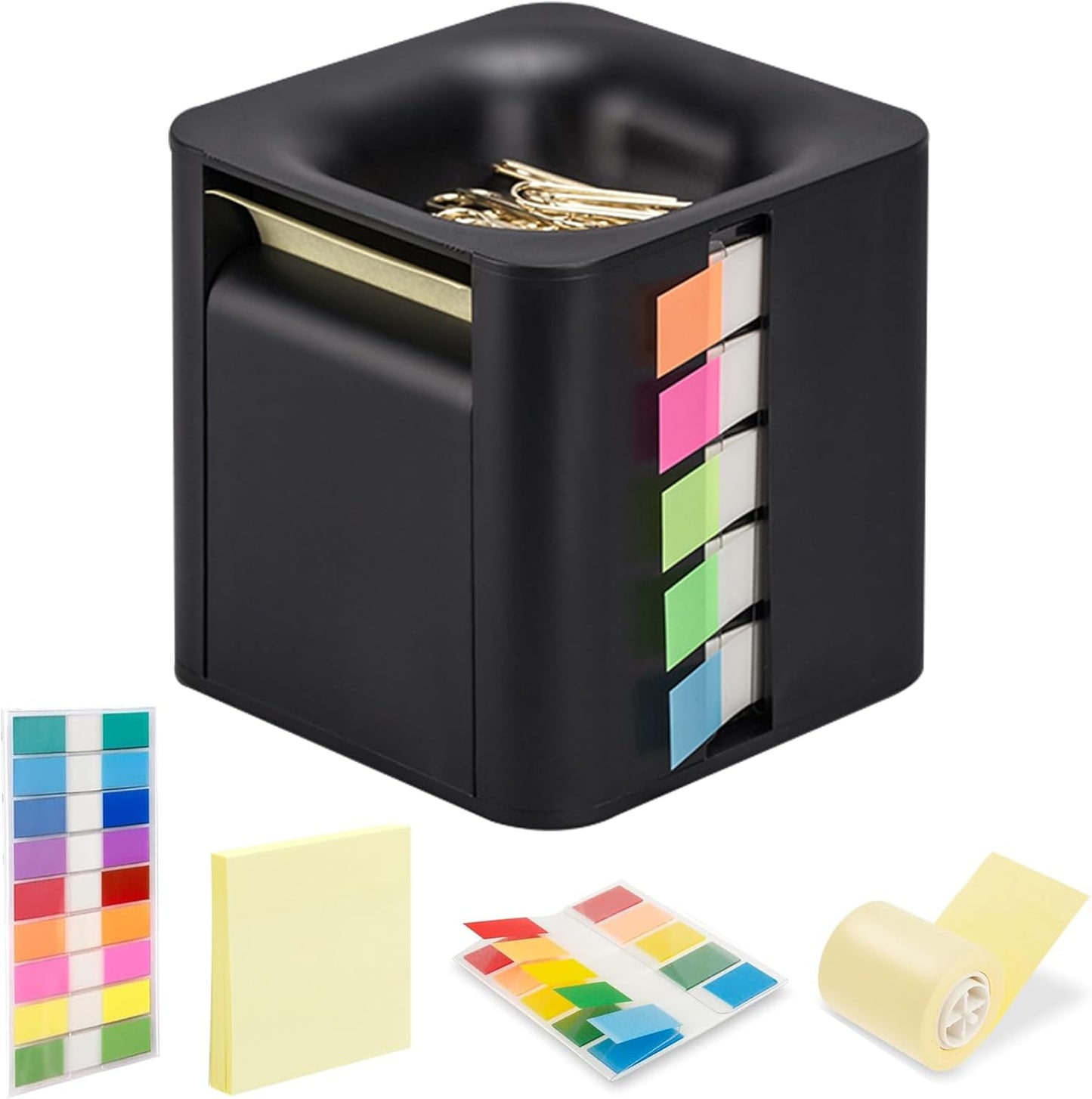 Sticky Note Holder and Dispenser with Magnetic Paper Clip Holder, 3x3 Pop-Up Note and Annotation Labels,Full Adhesive Note Roll Desktop Organizer.5-in-1 Multi-Function Standing Sticky Note Box(White)