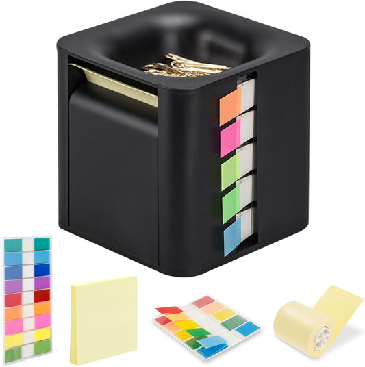 Sticky Note Holder and Dispenser with Magnetic Paper Clip Holder, 3x3 Pop-Up Note and Annotation Labels,Full Adhesive Note Roll Desktop Organizer.5-in-1 Multi-Function Standing Sticky Note Box(White)