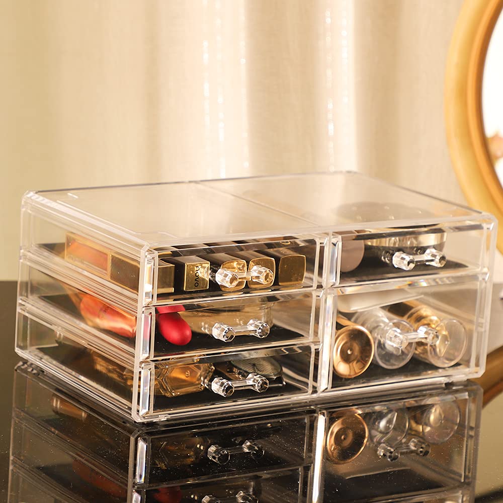 Cq acrylic 1 Pack Clear Stackable Storage Drawers for Vanity,Stackable 6 Drawers Desktop Organizer With Drawers,Cute Desk Storage for Office,Jewelry,Hair Clip,Beauty,Skincare and Make Up Organizers