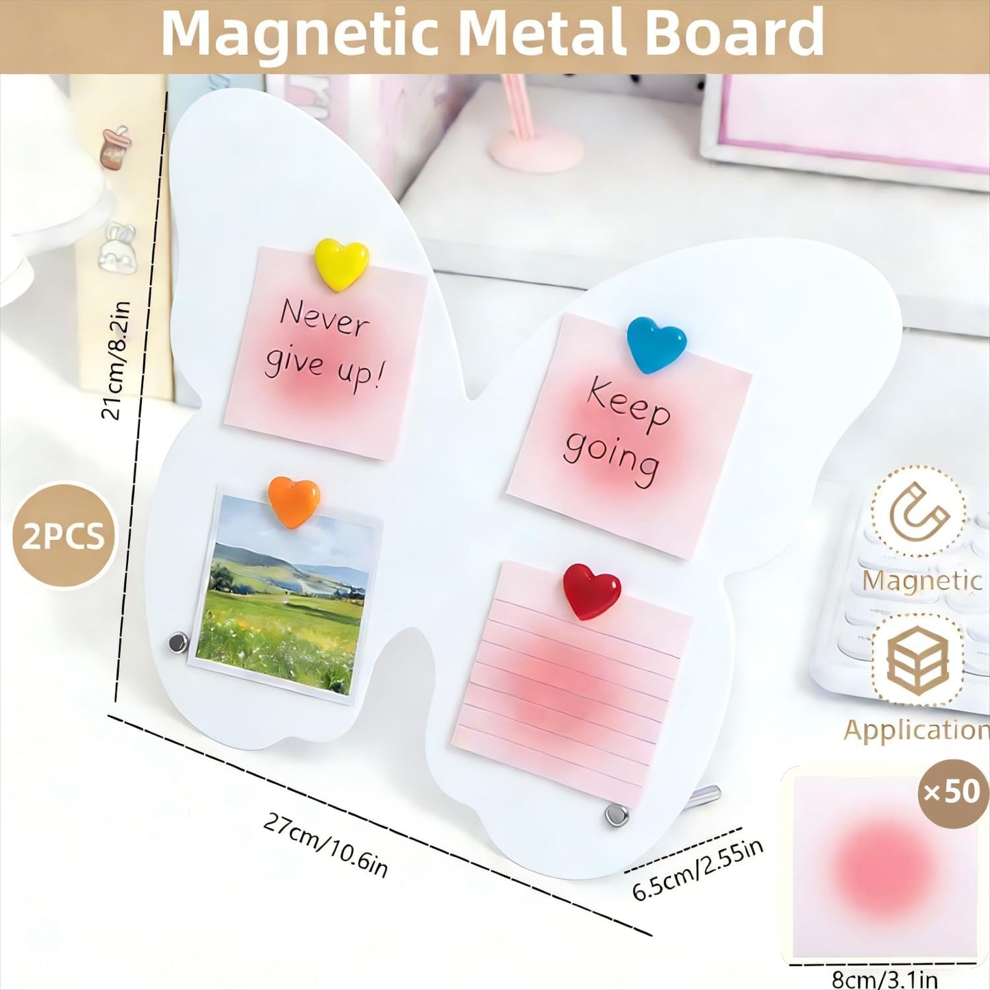 2 Pcs Magnetic Board, Black Magnet Message Board, 11"x7.8"Metal Magnetic Bulletin Board with 50pcs Memo Sheets and 8pcs Magnets, Magnet Display for Home, School, Kitchen, Office(Square,White)