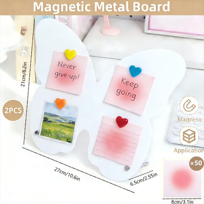 2 Pcs Magnetic Board, Black Magnet Message Board, 11"x7.8"Metal Magnetic Bulletin Board with 50pcs Memo Sheets and 8pcs Magnets, Magnet Display for Home, School, Kitchen, Office(Square,White)