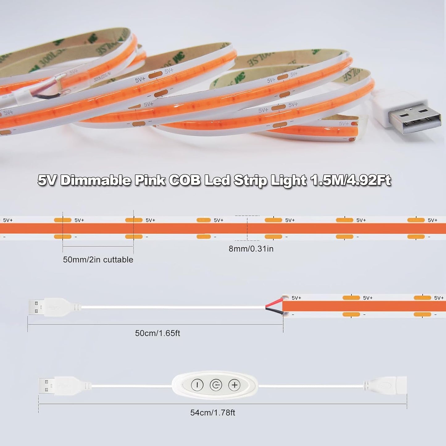 USB Light Strip Warm White 3000K CRI 92+ Small Dimmable COB LED Strip Light Cuttable 5V USB Powered 6 ft 10W for TV Backlight Cabinet Bedroom Indoor DIY Lighting Project