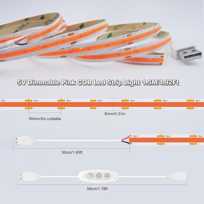 USB Light Strip Warm White 3000K CRI 92+ Small Dimmable COB LED Strip Light Cuttable 5V USB Powered 6 ft 10W for TV Backlight Cabinet Bedroom Indoor DIY Lighting Project