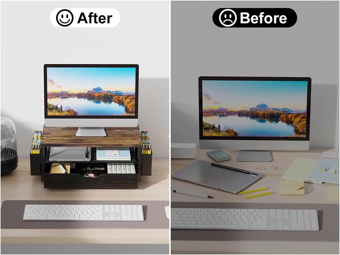 gianotter Monitor Stand Riser, Office Desk Shelf Organizer, Desk Organizer with Drawer and Pen Holder, 2-Tier Computer Stand, Office Organization (Ink)