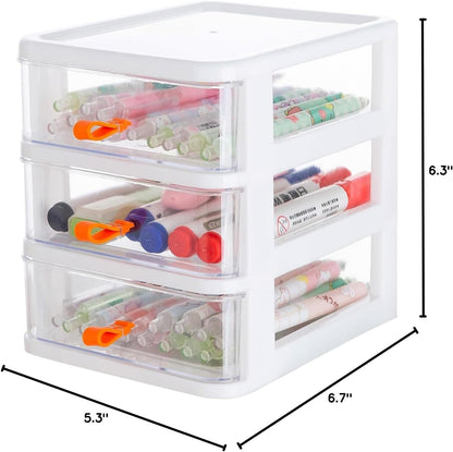 Gagee 3 Drawer Mini Desktop Unit,Plastic dressers with drawers for Arts and Crafts, Small Tools, Sewing Accessories, Stationary, and Hardware,Clear/White Frame