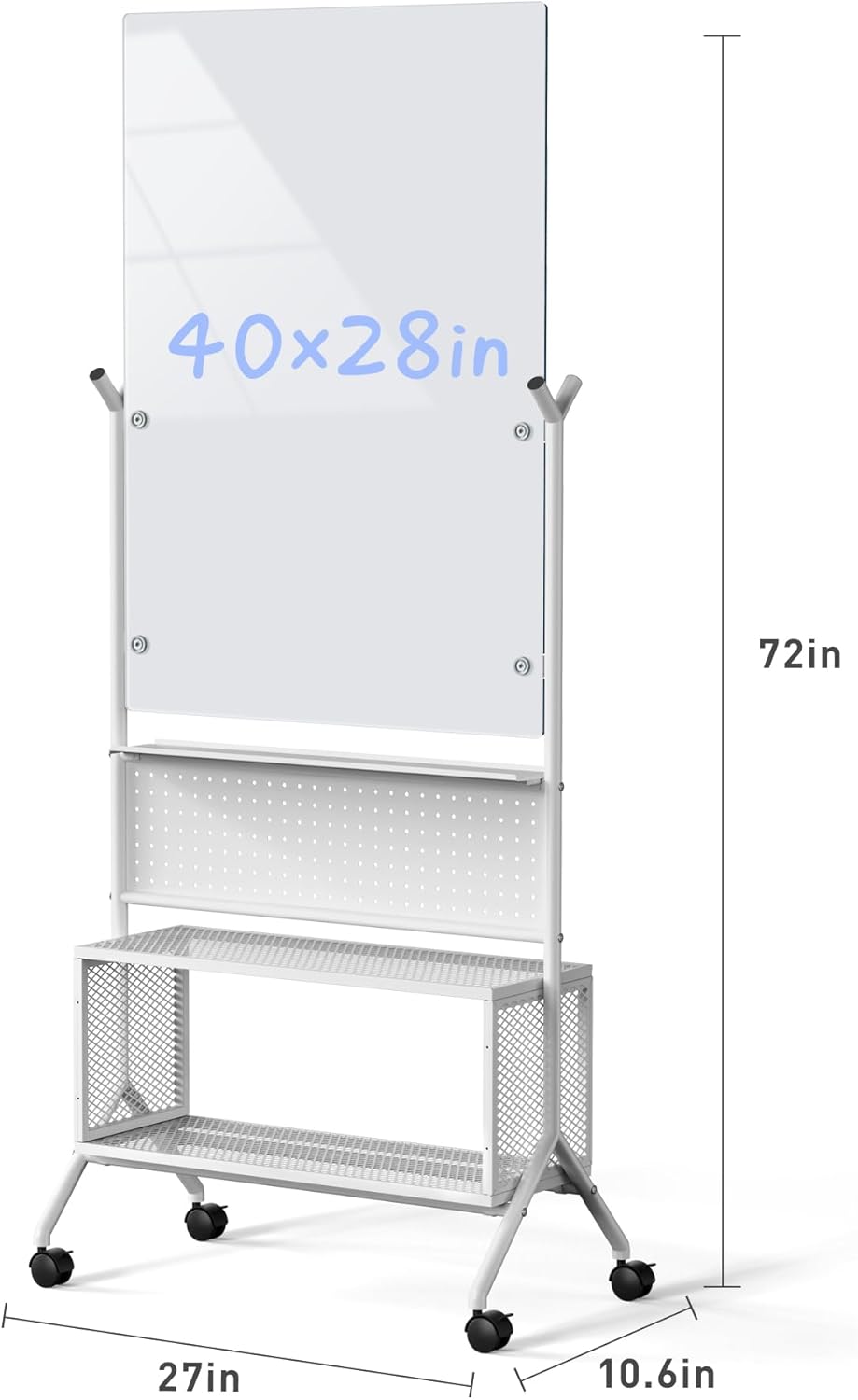 40 x 28 inch Mobile Magnetic Glass Whiteboard, Double-Sided Board with Felt Back and Storage for Office & Classroom, White