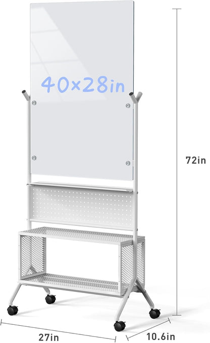 40 x 28 inch Mobile Magnetic Glass Whiteboard, Double-Sided Board with Felt Back and Storage for Office & Classroom, White