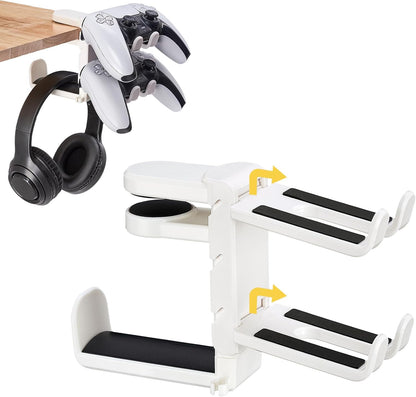 Under Desk Headphone Hanger with Strong Adhesive and Screws Mount, 360° Rotatable Dual Headset Holder Stand, Aluminum Metal Adjustable Headphone Hook, Perfect for Home Gaming & Office - Black