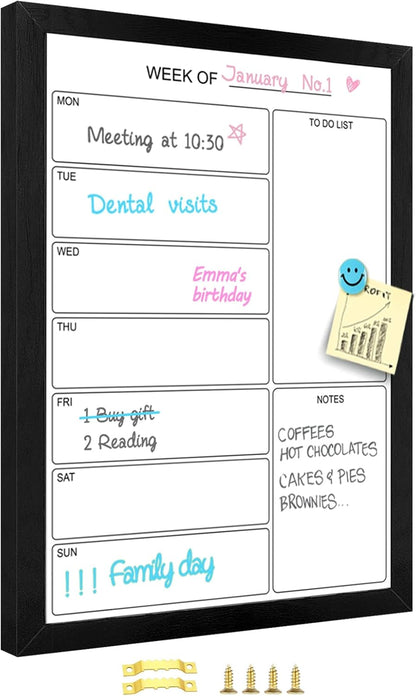 Weekly Dry Erase Whiteboard Calendar, 15.7"x11.8" Magnetic Surface Memo Board, Minimal Design Weekly Planner for Wall, Black Wood Frame Dry Erase Board for Office School Home(ZLBB-S-BK-3040)