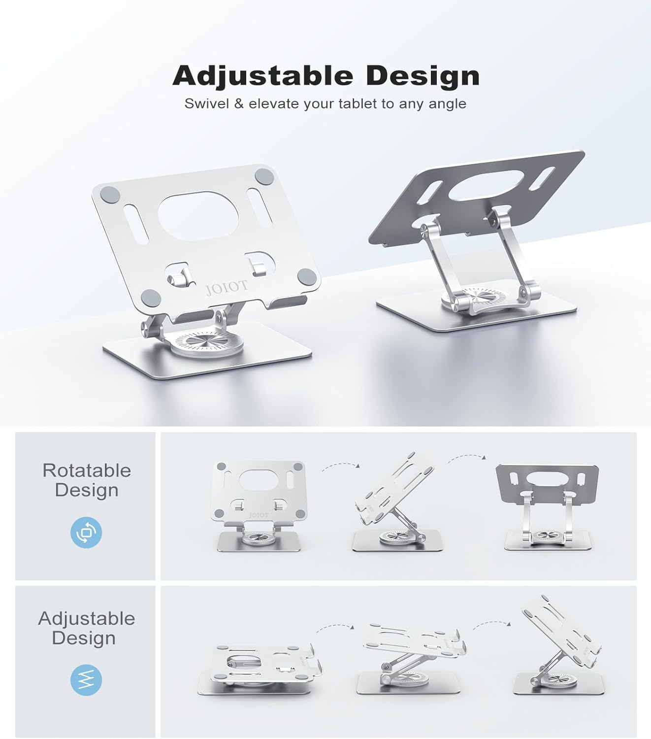 JOIOT Swivel Tablet Stand with 360 Rotating Base, Adjustable Holder for Drawing, Compatible with iPad Pro/Air/Mini and More (Black)