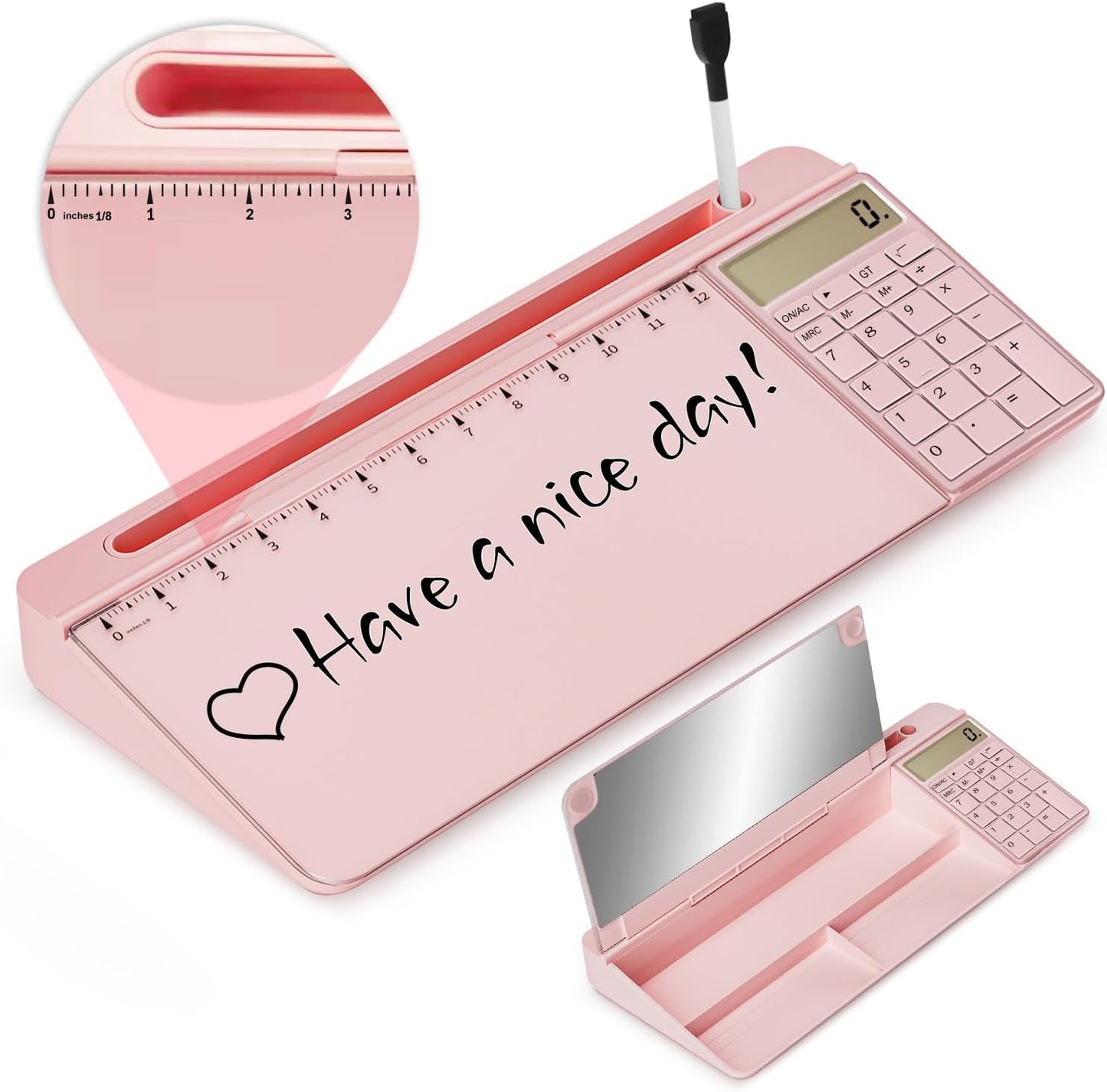 Desktop Glass Whiteboard with Mirror & Calculator(12 Digit LCD Display) & Ruler Marker,Tilted Computer Keyboard Stand with Dry Erase Board Surface, Desk Organizers with Accessories,Black