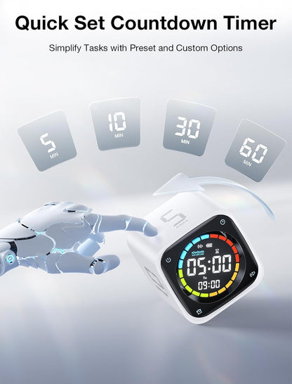 TK3 Pomodoro Timer Cube, Desk Productivity Timer with 5/10/30/60 Min Presets, Custom Countdown, Stopwatch, Clock, 3 Alarm, Silent, Vibrate & Sound Alert, for Task, ADHD, Study, Kitchen, Black
