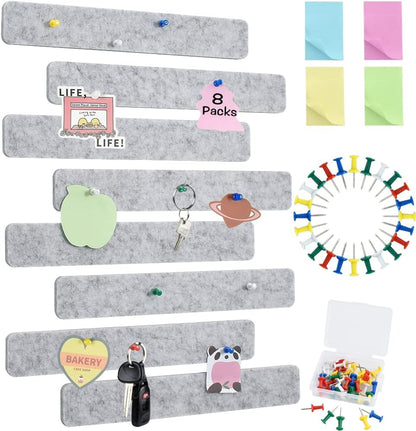 Vuzvuv 8 pcs Bulletin Board Bar Strips with 50 Pushpins & 10 Wooden Clip pins，Self Adhesive Cork Board for Wall，Felt Pin Board for School，Office Decor（Black White Grey）