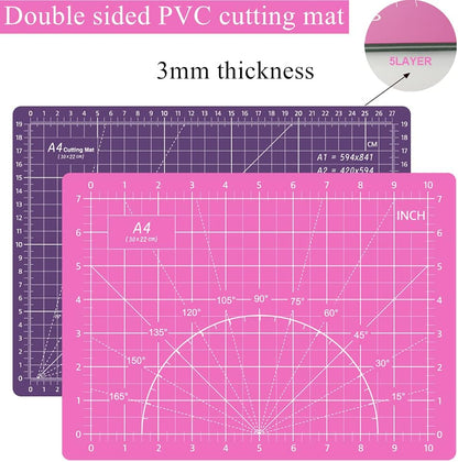 Headley Tools Rotary Cutter Set - 45mm Fabric Cutter, 5 Extra Rotary Blades, A3 Cutting Mat, Quilting Ruler and Sewing Clips, Craft Knife Set, Ideal for Crafting, Sewing, Patchworking, Purple