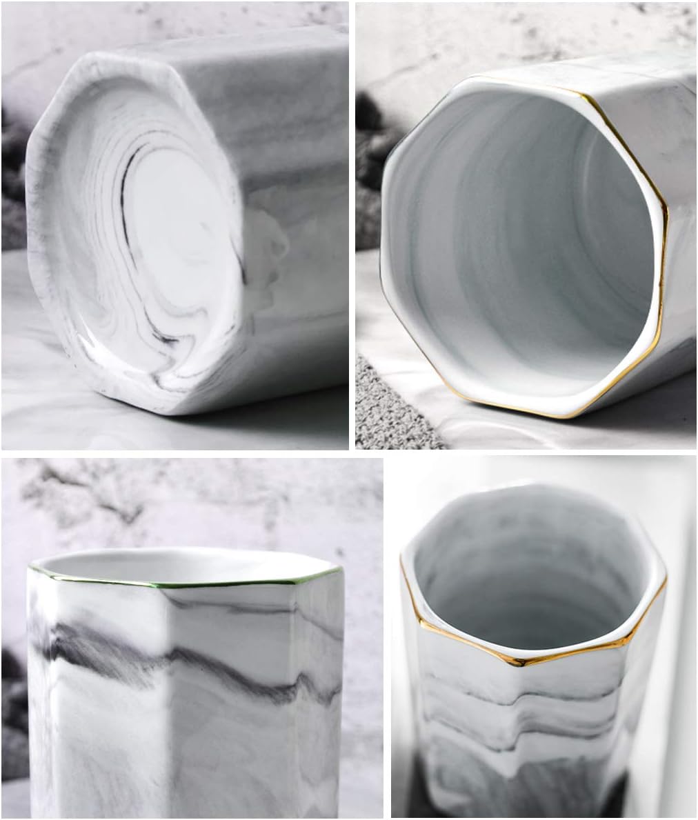 Pen Holder, Pencil Holder for Desk, Marble Desk Organizer Cute, Durable Ceramic Pencil Cup, Decorative Makeup Brush Holder Cup, Stationery Holder for Office, Home, Gray Marble