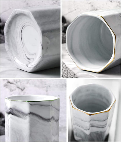 Pen Holder, Pencil Holder for Desk, Marble Desk Organizer Cute, Durable Ceramic Pencil Cup, Decorative Makeup Brush Holder Cup, Stationery Holder for Office, Home, Gray Marble