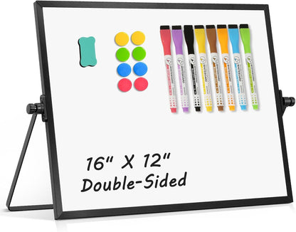 Dry Erase Magnetic White Board, 16" x 12" Double-Sided Desktop Whiteboard with Stand, Portable Small Whiteboard Set for Drawing, Office, Home