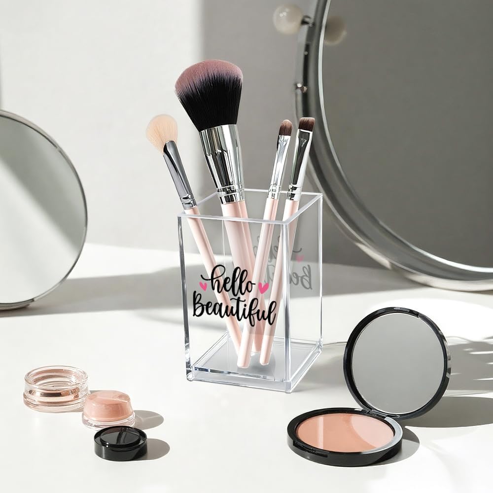 Better Late Than Ugly Acrylic Makeup Brush Organizer Holder, Self Affirmations Desk Acrylic Brushes Storage, Make Up Artist Gifts, Birthday Gifts for Her Wife Sister Friend Makeup Lovers