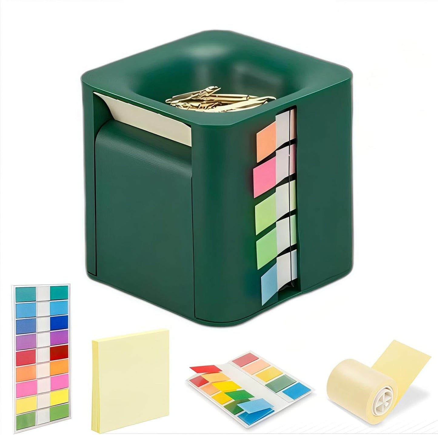 Sticky Note Holder and Dispenser with Magnetic Paper Clip Holder, 3x3 Pop-Up Note and Annotation Labels,Full Adhesive Note Roll Desktop Organizer.5-in-1 Multi-Function Standing Sticky Note Box(White)