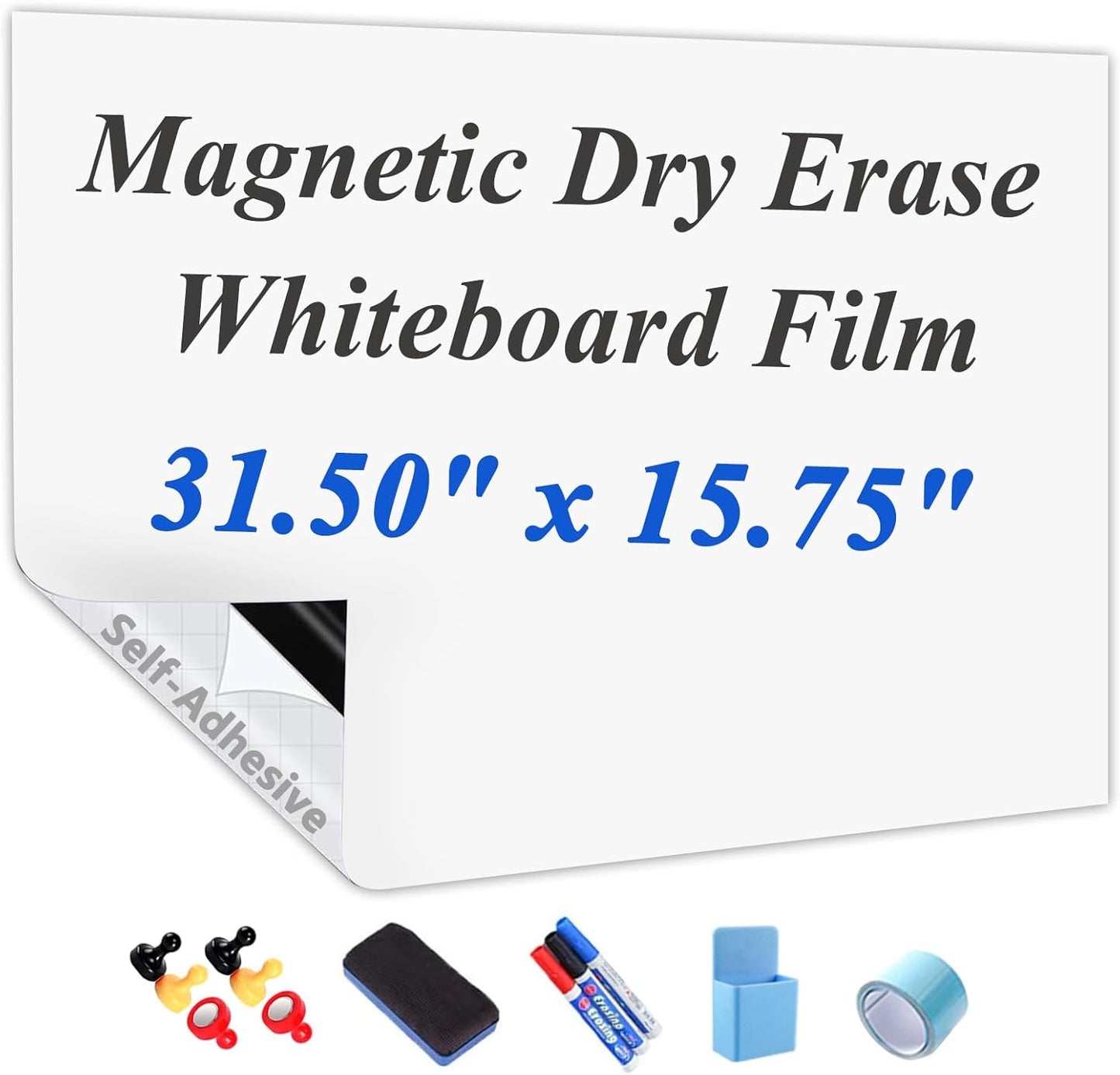 Self-Adhesive Dry Erase Whiteboard Sticker, 31.50" x 15.75" Magnetic Receptive White Board Wall Film, No Ghosting, Easy Write & Clean | Peel & Stick for Office, Home & Classroom,Incl. Accessories