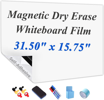 Self-Adhesive Dry Erase Whiteboard Sticker, 31.50" x 15.75" Magnetic Receptive White Board Wall Film, No Ghosting, Easy Write & Clean | Peel & Stick for Office, Home & Classroom,Incl. Accessories